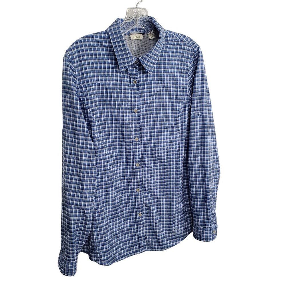 LL Bean Sz L Shirt Fishing Activewear Check Button Vented Mesh Roll Tab Sleeves